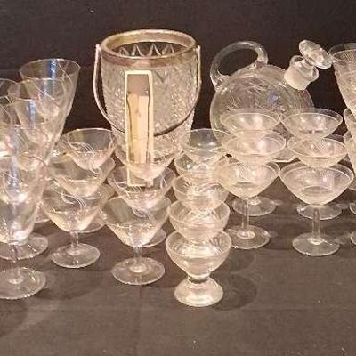 Vintage Clear Glass Barware Collection with Cut Glass Ice Bucket