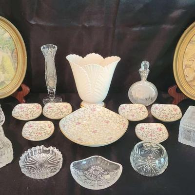 Crystal Trinket Dishes, Lenox Vase & Victorian Prints