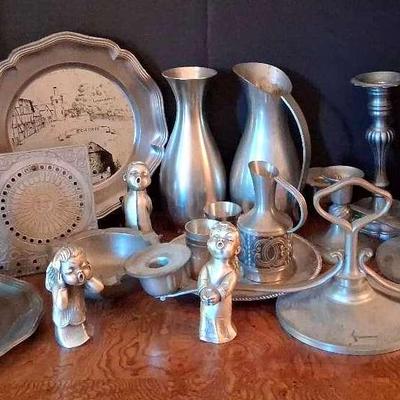 German Pewter Decor Collection with Plates, Pitchers & Figurines
