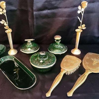V.B. Limoges Vanity Set with Green & Gold Perfume Bottles, Brush, Mirror & More