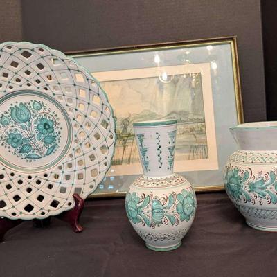 Hand-Painted Modra Slovakia Porcelain Trio with Unsigned Watercolor