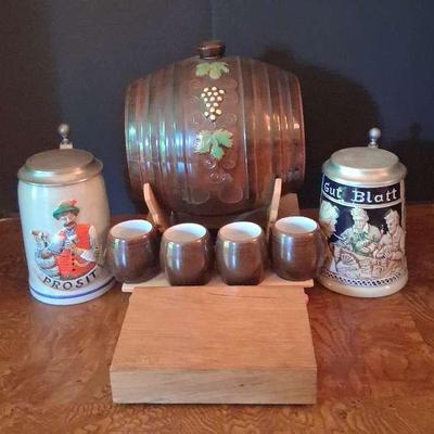 Ceramic Wine Barrel with Stand and Mini Wine Cups