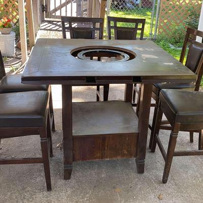 Outdoor Wood High-Top Table with 6 Swivel Chairs