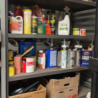 Metal Shelf with Household, Automotive & Garden Supplies Including Yard Lighting