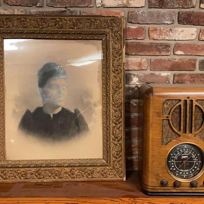 Antique Portrait in Ornate Frame & Vintage Zenith Radio