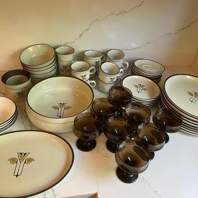 Mid-Century Mikasa Stoneware Dinnerware Set — Plates, Bowls & Glasses