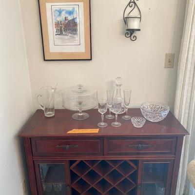Dark Wood Wine Cabinet with Glass Doors with Crystal and Glassware Collection