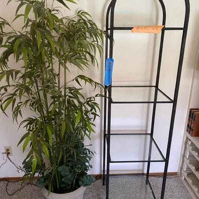 Metal Shelf With Glass Shelves & Large Faux Plant