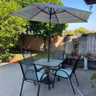 Outdoor 8-9 Ft Umbrella w/ Glass Table and 4 Chairs Patio Dining Set with Striped Umbrella