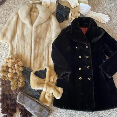 Vintage Mink Fur & Black Velvet Coat Set with Retro Gloves & Scarves