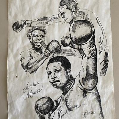 Original Boxing Illustration of Archie Moore – Vintage Signed Artwork