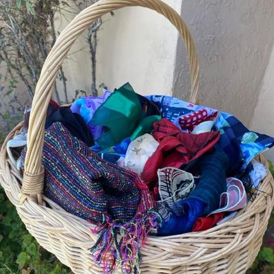 Large Basket of Assorted Vintage and Colorful Scarves