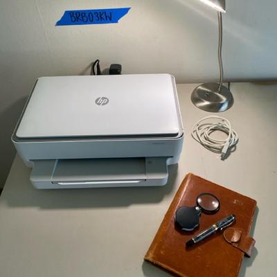 HP Printer, Desk Lamp, & Office Supplies