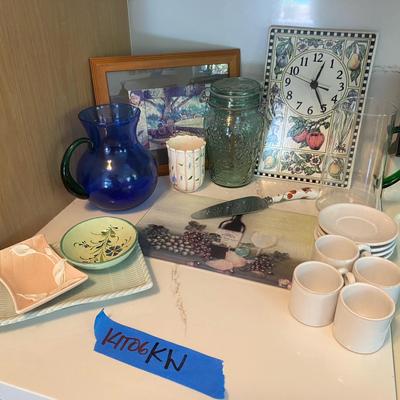 Eclectic Kitchen & Home Décor Lot — Art Glass, Wall Clock, Frames