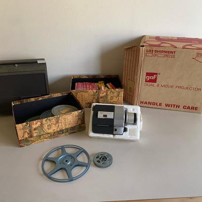 Vintage GAF Dual 8 Movie Projector & Home Movie Reel Lot