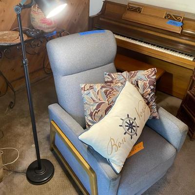 Mid-Century Recliner Armchair with Floor Lamp and Nautical Pillows