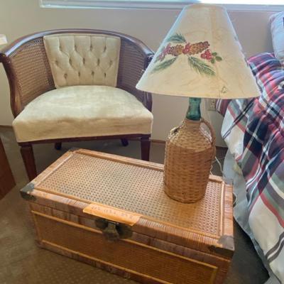 Vintage Cane Back Accent Chair, Rattan Trunk & Pinecone Lamp