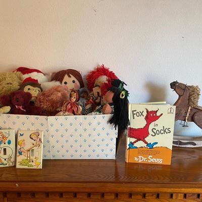 Vintage Plush Children’s Toys Including Raggedy Anne Rag Dolls with Dr. Seuss Book & Rocking Horse