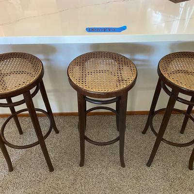 Vintage Bentwood Rattan Bar Stools — Set of 3