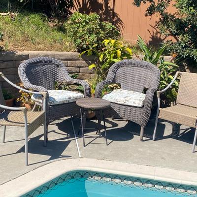 2 Huxley Gray Deep Seating Wicker Patio Chairs w/ Side Table & 2 Tan Woven Stackable Patio Chairs