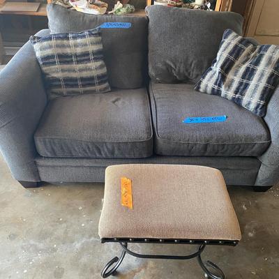 Modern Charcoal Gray Loveseat with Accent Pillows and Ottoman
