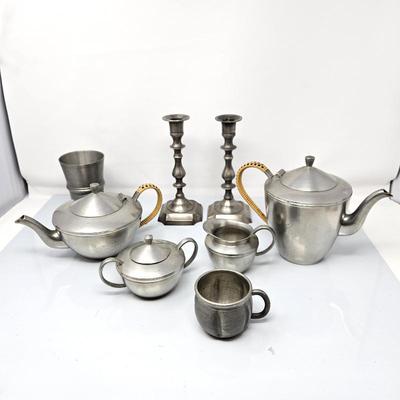 Lot #22 - Art Deco Pewter Tea Set, Candlesticks and Cups - From Denmark and Norway - 8pc