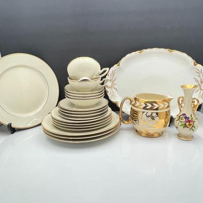 Lot #159 -Vintage Johann Haviland Bavaria Germany Set for 4, Thomas Bavaria Platter, Sadler Gold Luster Milk Jug- Sm. Vase