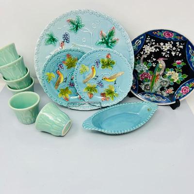 Vintage Blue German Majolica Platter w/ Two Matching 6” Plates - Plus Meiji Birds of paradise charger…and more 