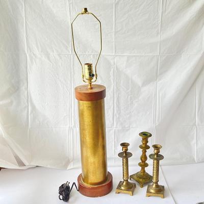 Mid Century Modern Brass Cylinder Lamp and 3 Brass Candle Sticks 