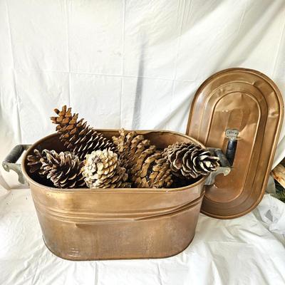  Fun Oversized Vintage Copper Lidded Tub filled with Oversized Pine Cones!