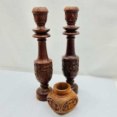 - Boho Vintage Sheesham wood Carved candle holders