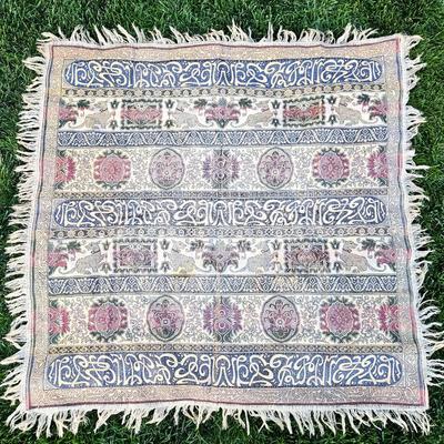 Lot #15 - Vintage Spanish Moorish Wall Hanging Tapestry w/ Arabic Writing 46”x 47” - Tablecloth - Silk Threads