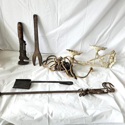 Assorted Old Cast Iron Tools and Pretty White Painted Cast Iron Wall Double Plant Holder