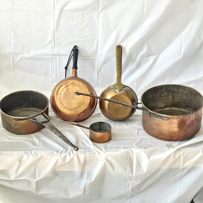  Vintage Copper and Brass Cookware Set- Five Various Pot and Pans in different sizes and designs