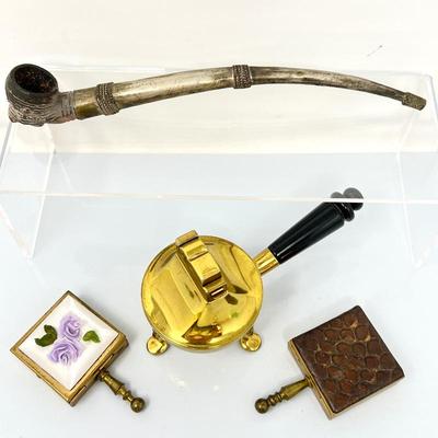 Burmese Silver & Clay Pipe with ASR Brass Ascot lighter & two Purse Ashtray
