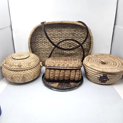  Lot of Assorted Unique Baskets Including Large Leather Handled Woven Market Basket