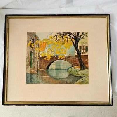 Original Art Signed by Artist - Framed and Ready to Hang - Bridge over Town River Scene