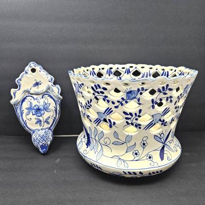  Delft Blue Large Ceramic Lattice Planter 10"T x 12"W plus Ceramic Wall Planter 11"Tall
