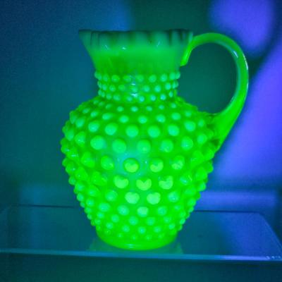  Vintage Uranium Glass Fenton Hobnail Syrup Pitcher -Crimped Spout - Topaz Opalescent Color