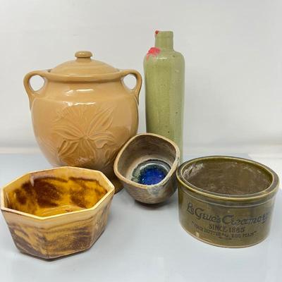 Le Grue's Creamery Stoneware Crock, Melted Marble Small Crock, J.R. Ream Bottle & Embossed Ginger Jar