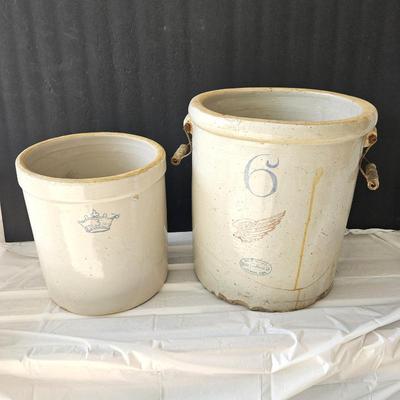  Lot of Two Vintage Crocks, Large 6 Gallon Red Wing with Handles and One 3 Gallon w/ Crown Emblem