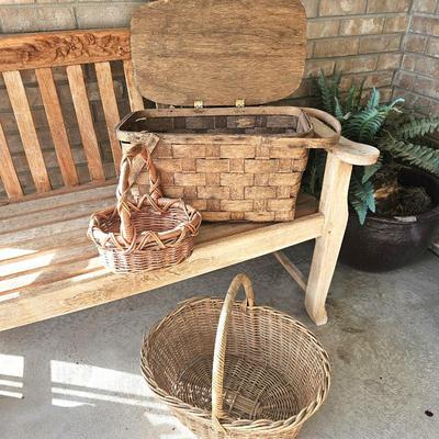 Assorted Vintage Baskets, Including Woven Wood Picnic Basket