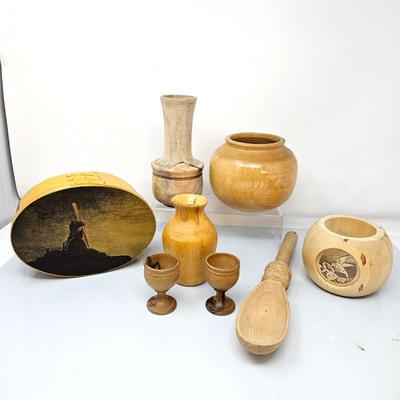  Assorted Collection of Wood Sculptured Pieces- Vessels, Vases, Candle Holder, Mini Goblets and More