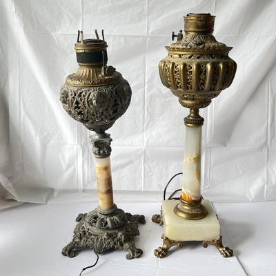  Antique Ornate Pair Of Converted Oil Lamps - Metal and Marble Detailing