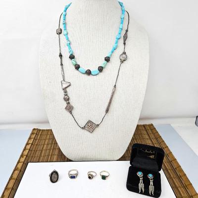  Native American Turquoise Necklace and Earrings Plus Sterling Rings - Including a Poison Ring
