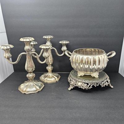  Set of Sterling Plated Items - Candelabras, Serving Tureen, and Pairpoint Mirror Plateau