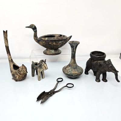  A Great Lot of Antique Patinaed Brass - Vase, Bird, Duck, Elephant & Donkey, Plus 1800's Candle Wick Scissors