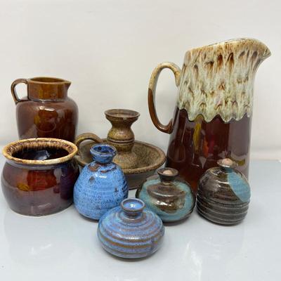 Two Drip Glaze Stoneware Pitchers, Rustic Candle stick & 4 Clay oil pots