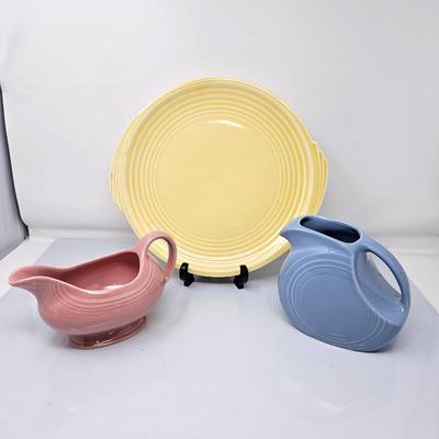  Homer Laughlin Fiesta Ware Blue Pitcher and Pink Gravy Boat, plus Matching Yellow Serving Platter by Edwin Knowles