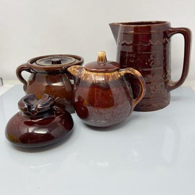  Marcrest Daisy & Dot Pitcher, Hull drip glaze teapot, Stone Ware Crock, and Ceramic Insulator